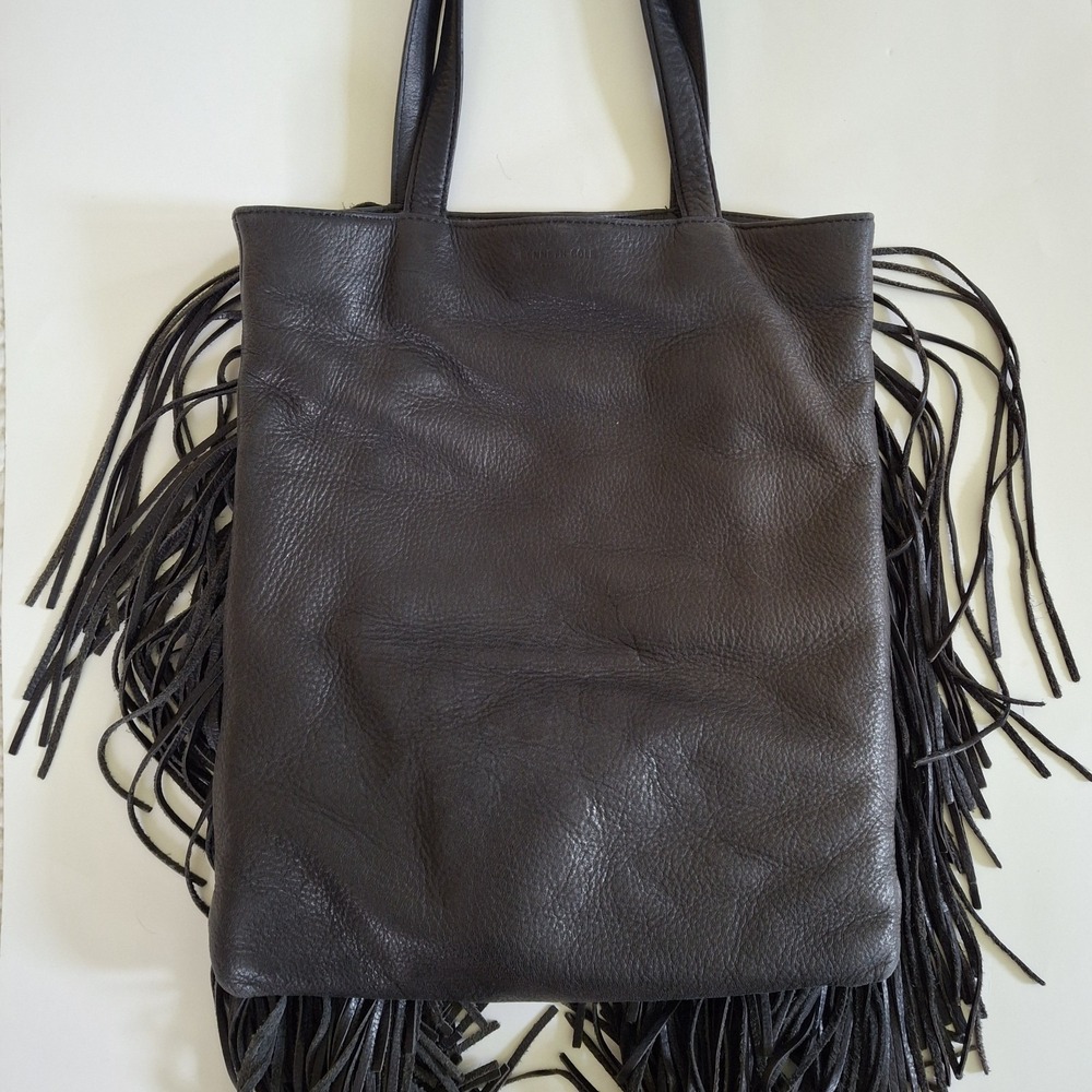 Vintage Kenneth Cole Black Leather Fringe Tote Bag Boho Biker Western Festival - Picture 6 of 9